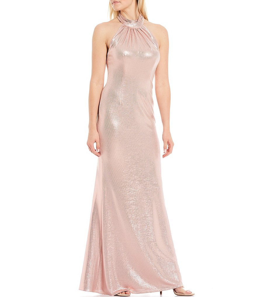 Aidan Aidan Mattox Foiled Knit Halter Gown