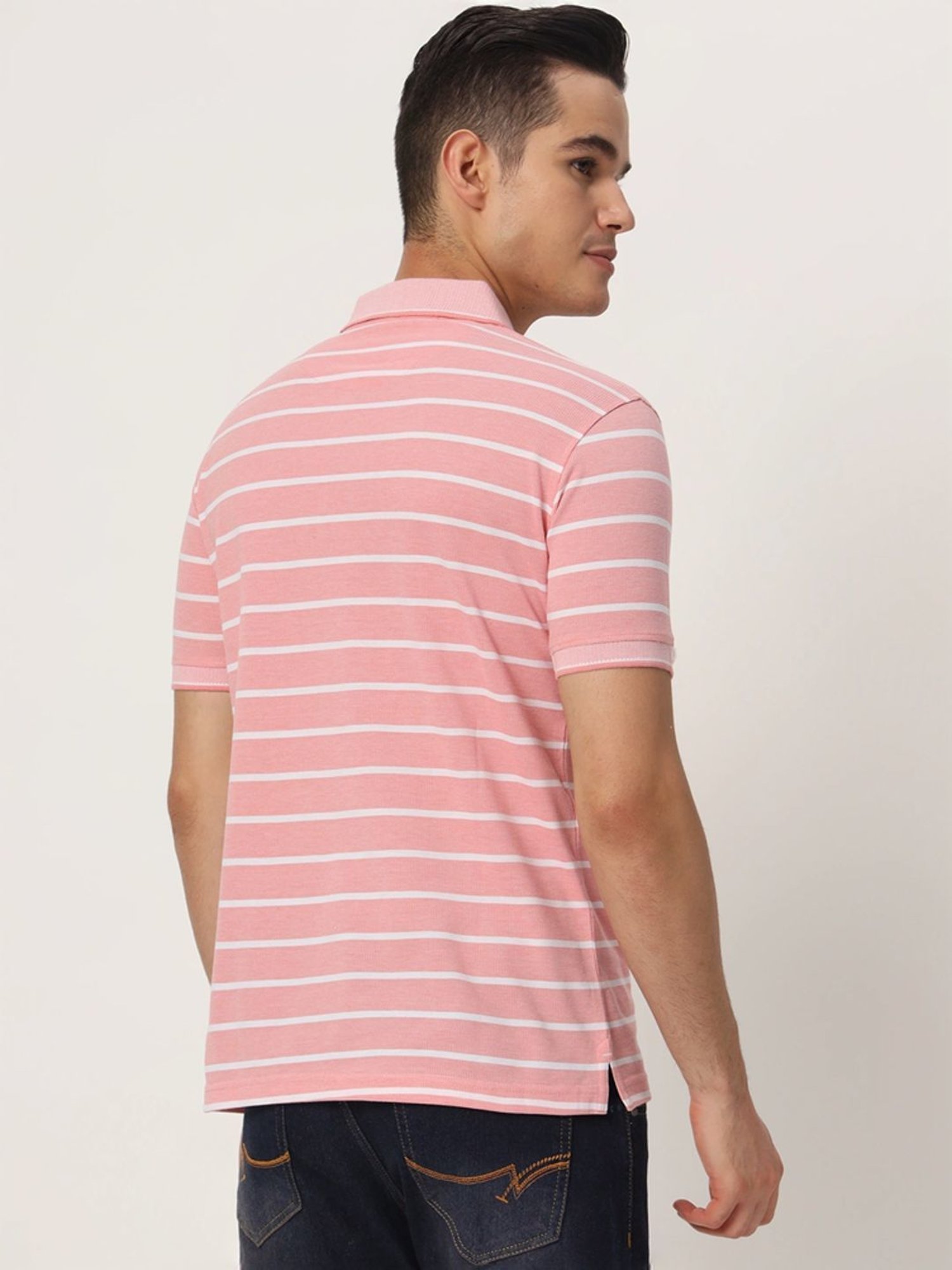 Tab91 Pink Regular Fit Striped Polo T-Shirts