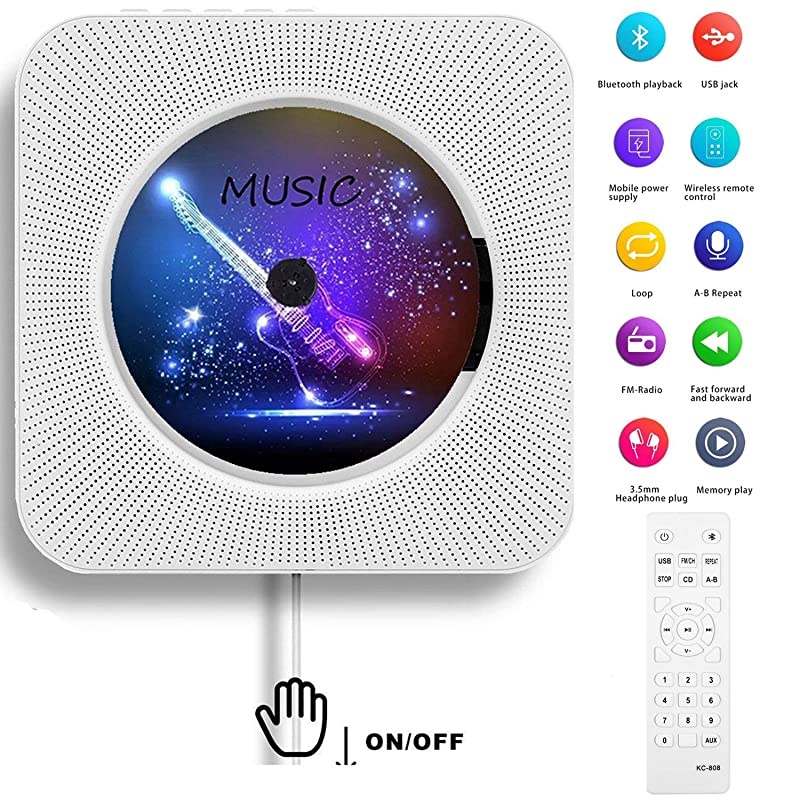 Portable CD Player Bluetooth Wall Mountable CD Music Player Home Audio Boombox with Remote Control FM Radio Builtin HiFi Speakers MP3 Headphone Jack AUX Input Output White