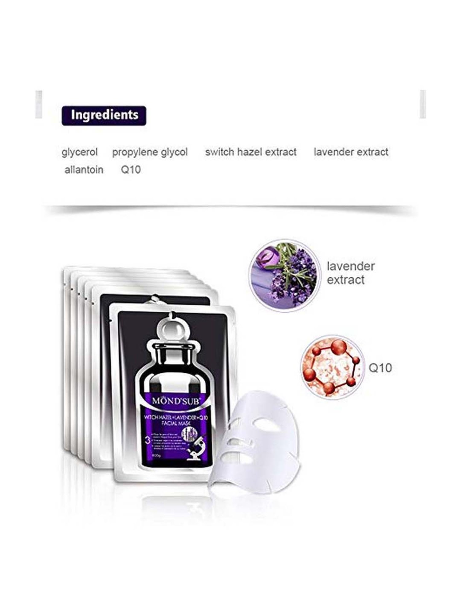 MONDSUB WitchHazel+Lavender+Q10 Facial Sheet Mask (Pack of 6) - 20 gm Each