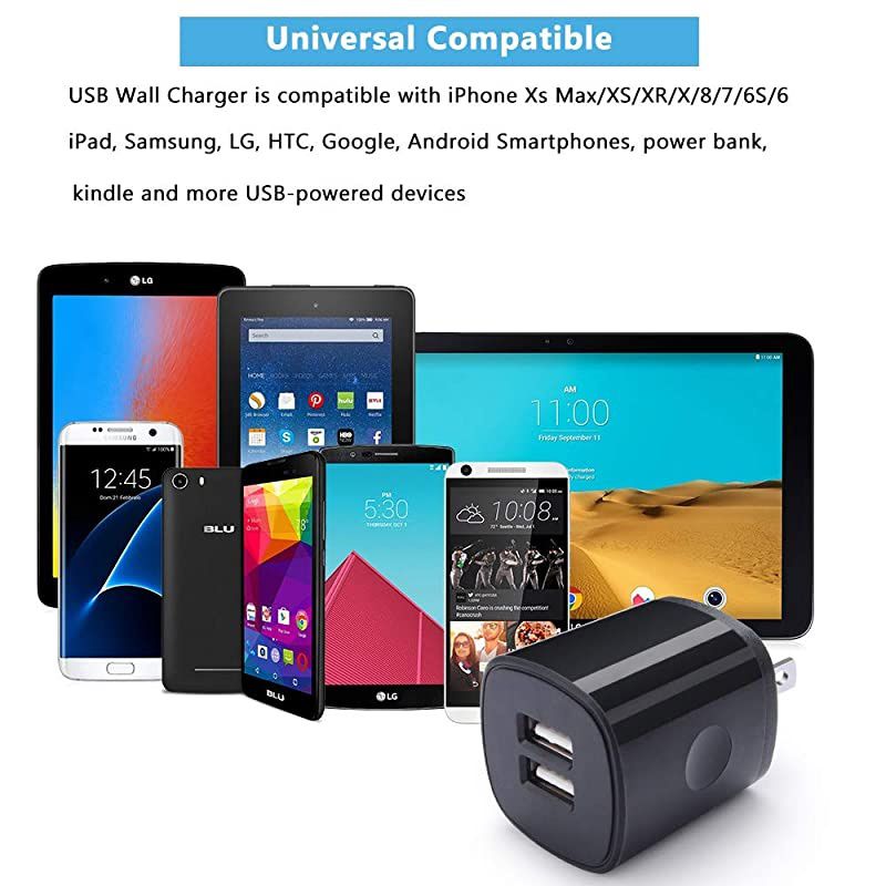 Charger Plug, 5Pack  Dual Port USB Wall Charger Quick Charger Adapter 2.1A Fast Charging Block Brick Power Cubes Compatible with iPhone 11 XR X 8 7 6 Plus, iPad, Samsung S9 S8 S7, Android,Kindle