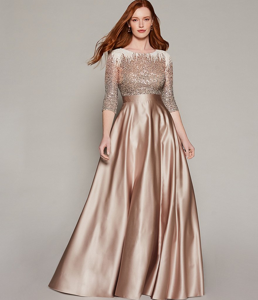 Betsy & Adam Sequin Bodice Boat Neck Elbow Sleeve Satin Ball Gown