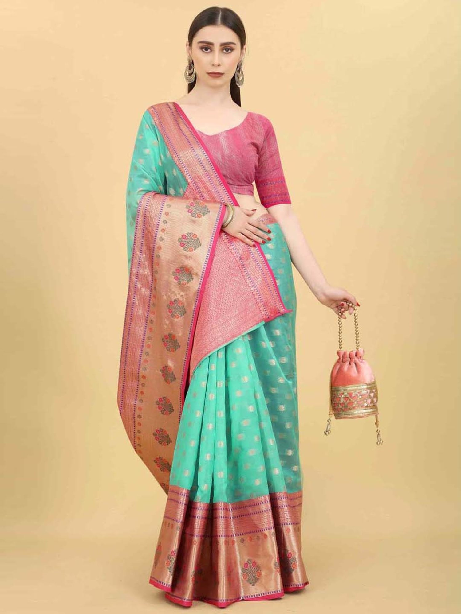 Silk Land Turquoise Silk Woven Saree With Unstitched Blouse