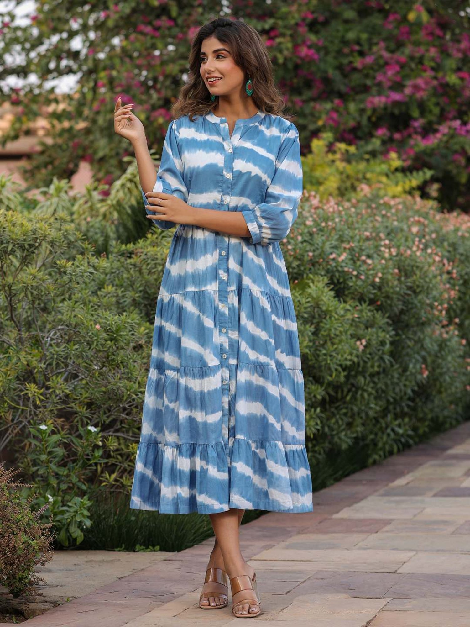 Rain and Rainbow Blue Cotton Tie & Dye A-Line Dress