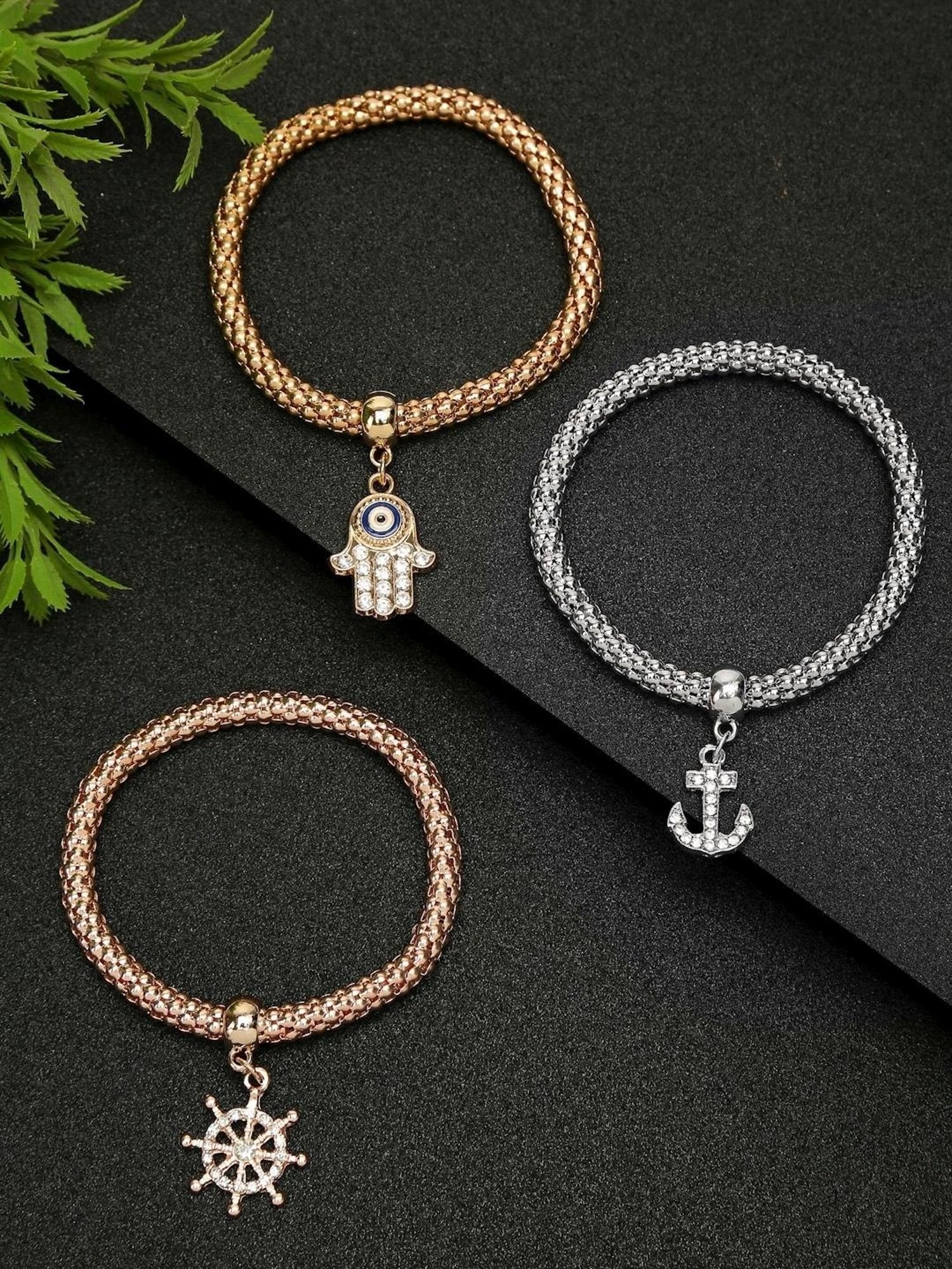 YouBella Women Gold-Toned & Silver-Toned Gold-Plated Charms Bracelet - Set of 3