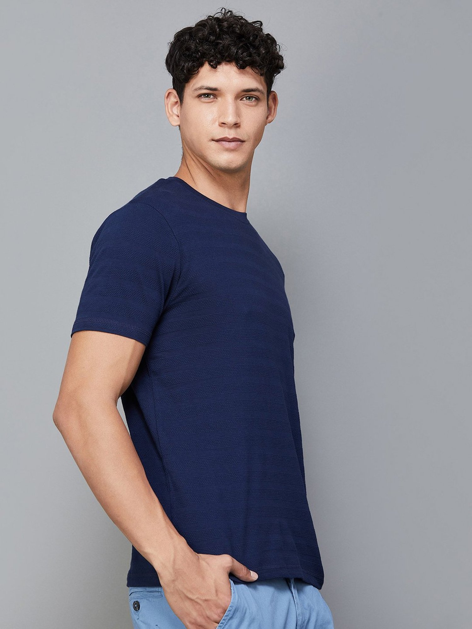 Code by Lifestyle Navy Regular Fit Textured Crew T-Shirt