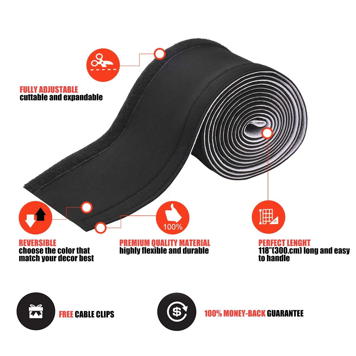 Cable Management Sleeves, ENVEL Neoprene Cord Organizer with Free Nylon for TV USB PC Computer Network Wires (118 inches) DIY by Yourself, Adjustable Black and White Reversible Wire Hider