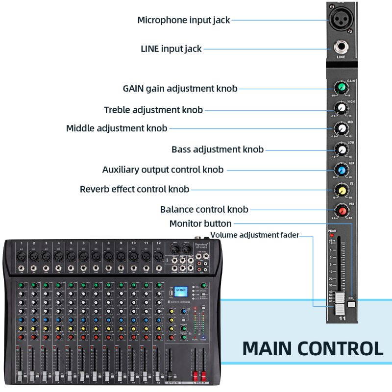Depusheng DT12 Studio Audio Mixer 12-Channel DJ Interface USB Drive for Computer Recording Input, XLR Microphone Jack, 48V Power, RCA Input/Output for Professional