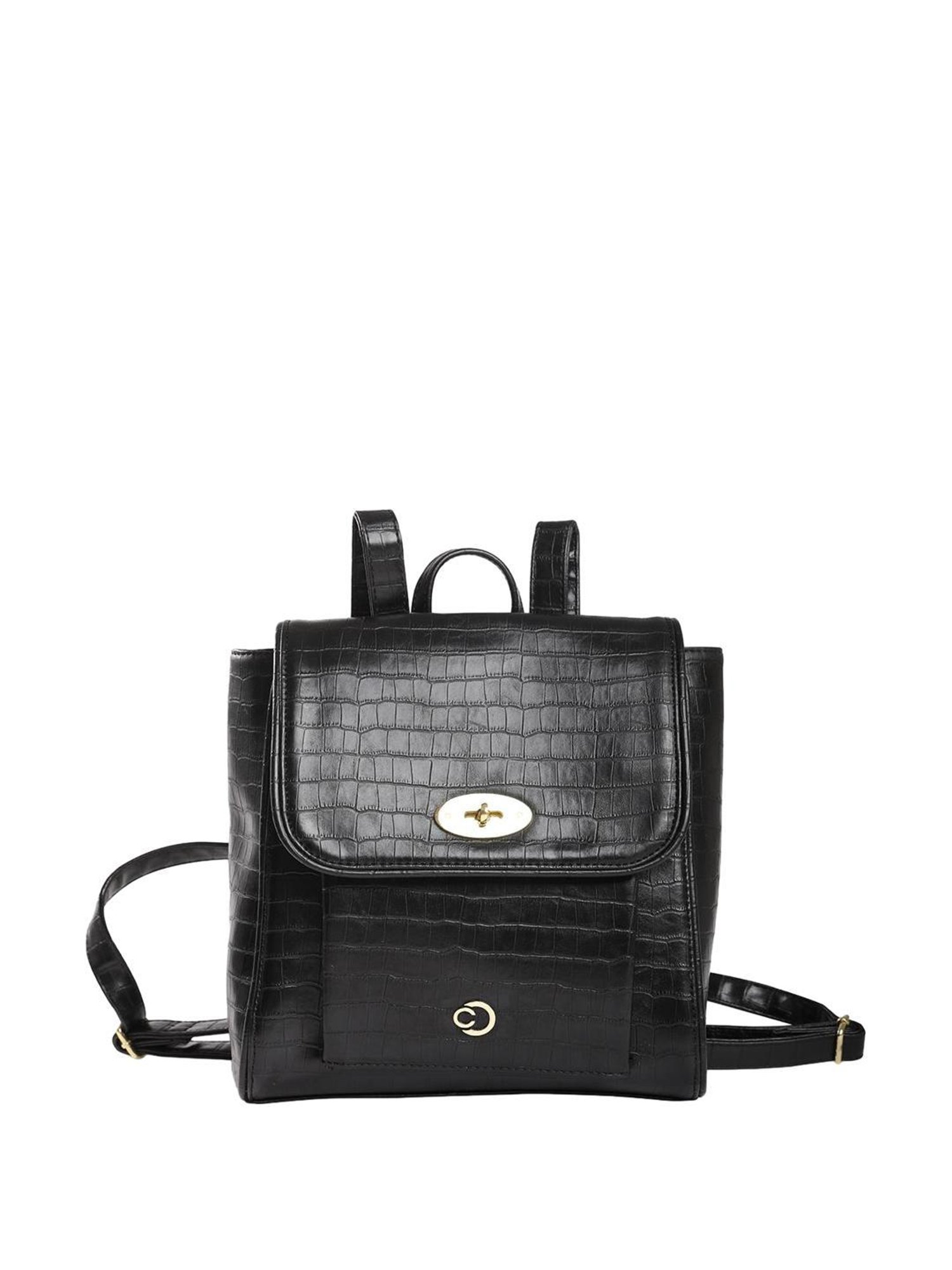 Caprese Treza Black Faux Leather Textured Backpack