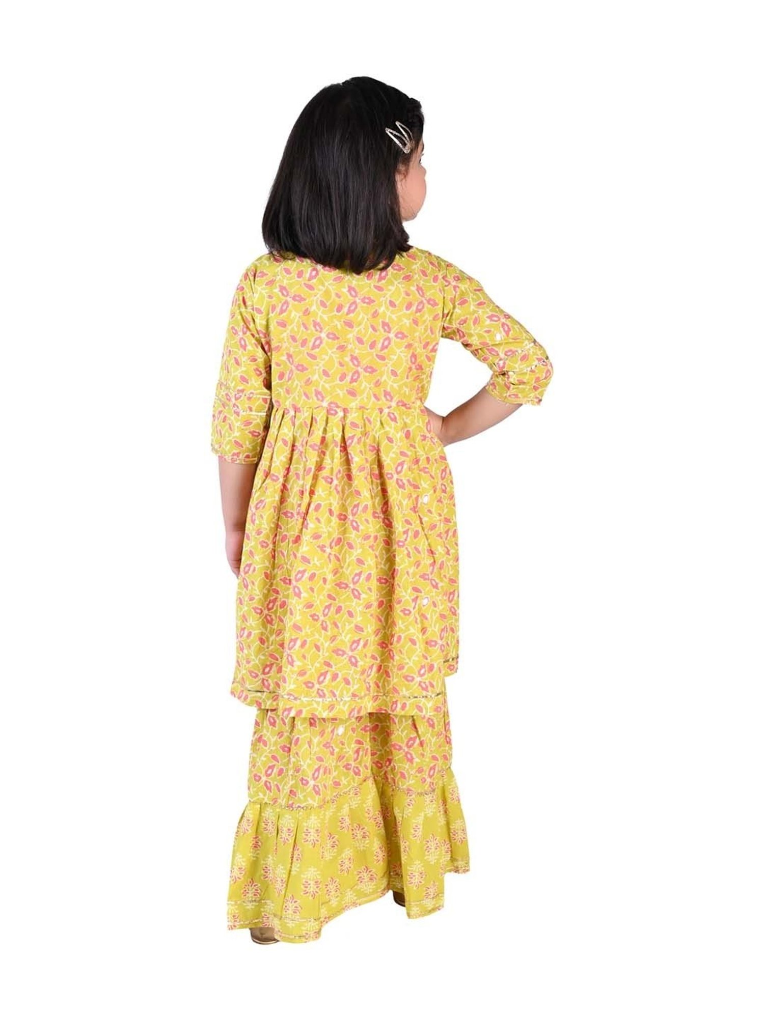 Ahhaaaa Kids Mustard Cotton Floral Print Kurti Set