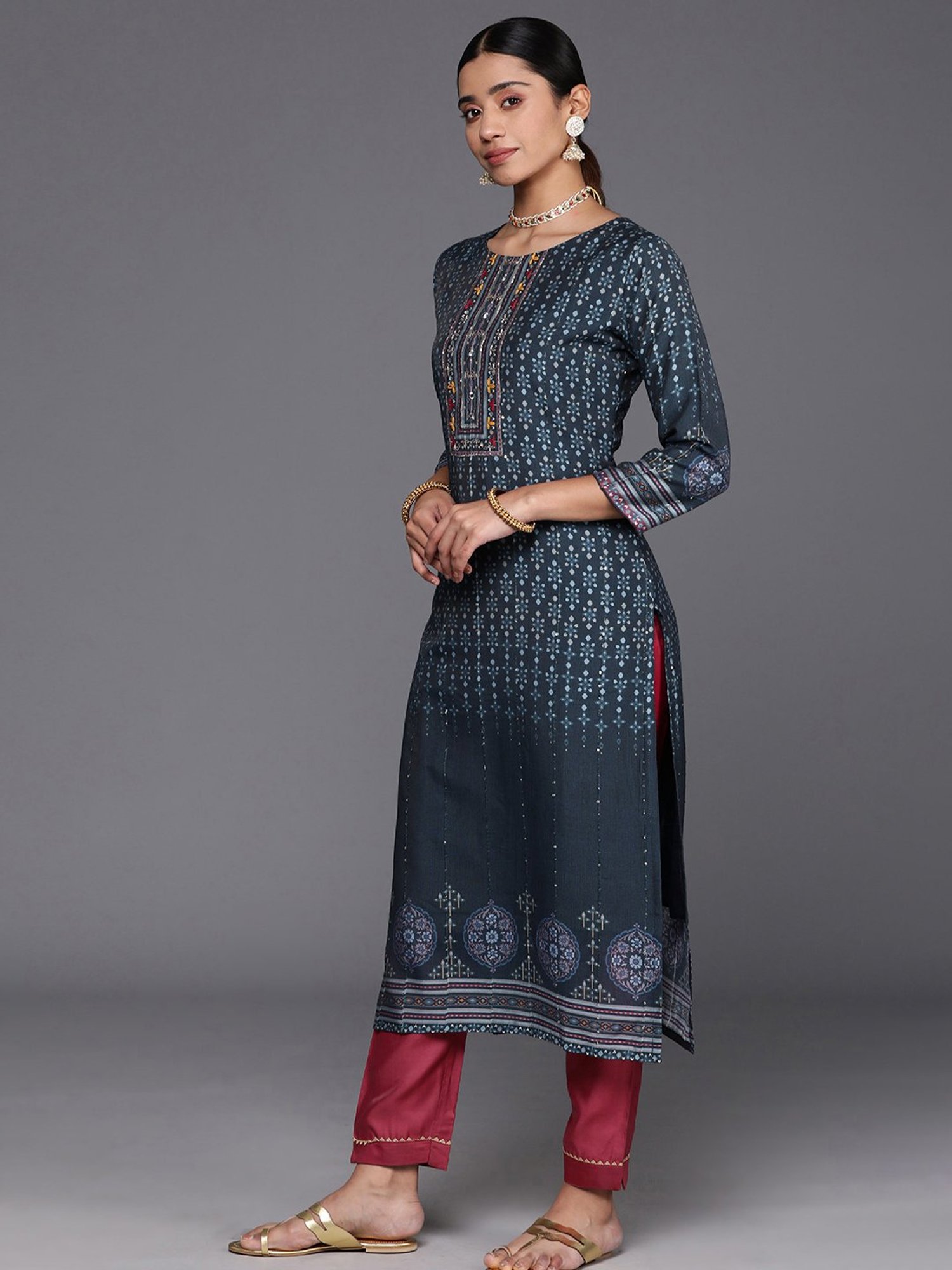 Varanga Blue & Pink Cotton Printed Kurta Pant Set With Dupatta