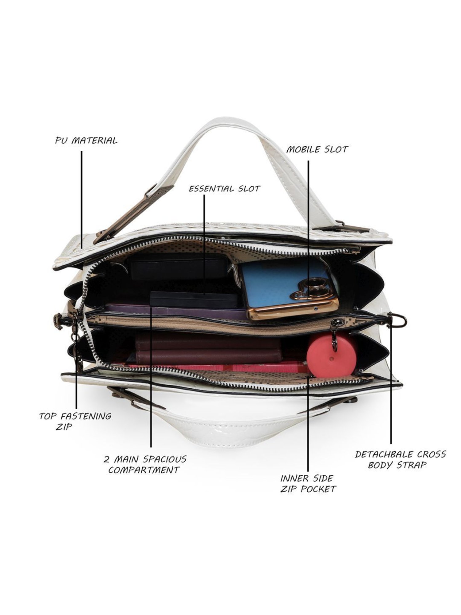 Esbeda White PU Textured Handbag