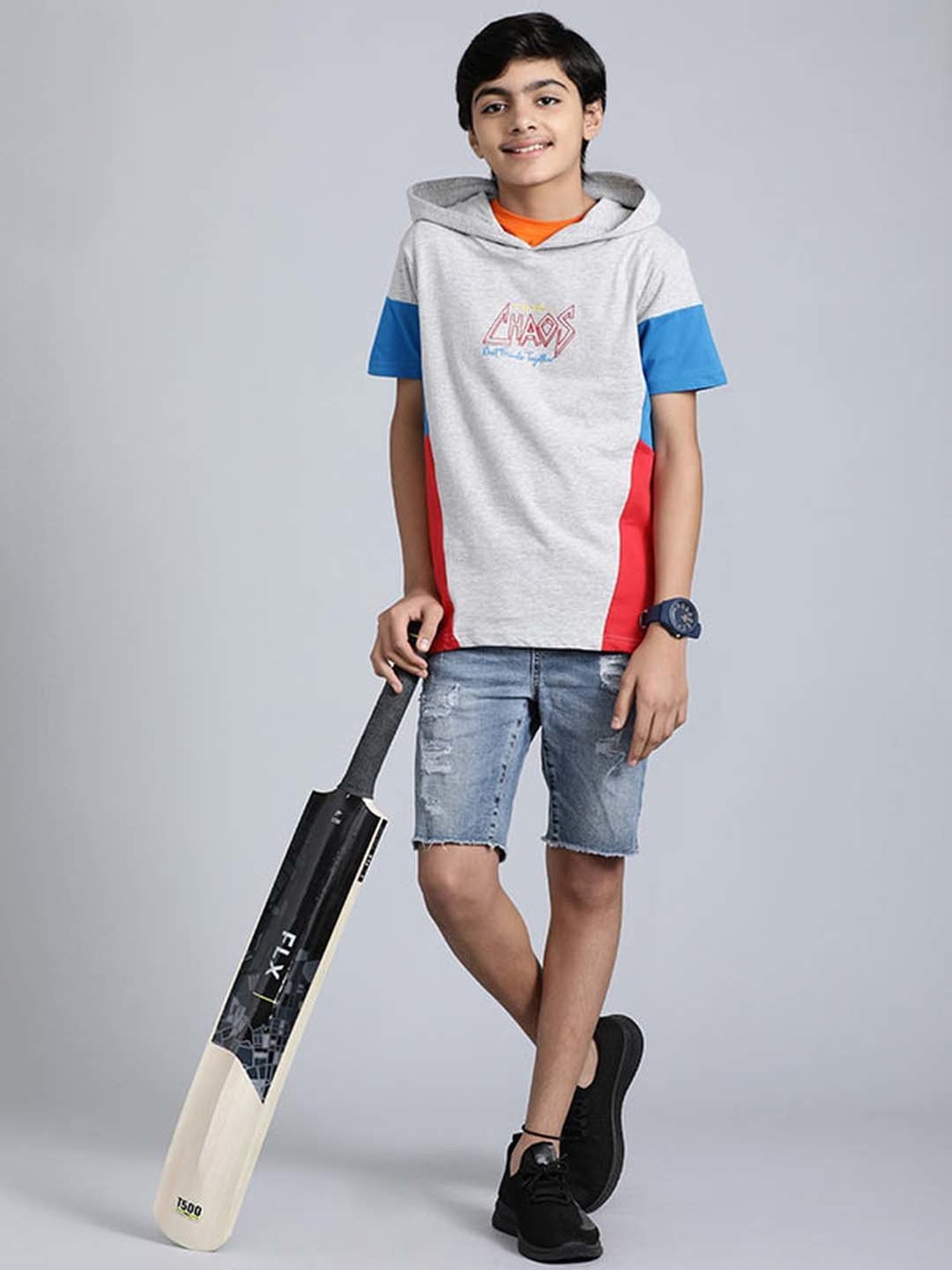 Indian Terrain Kids Grey & Blue Cotton Printed T-Shirt