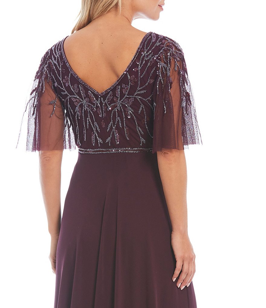 Jkara V-Neck Beaded Bodice Short Flutter Sleeve Gown