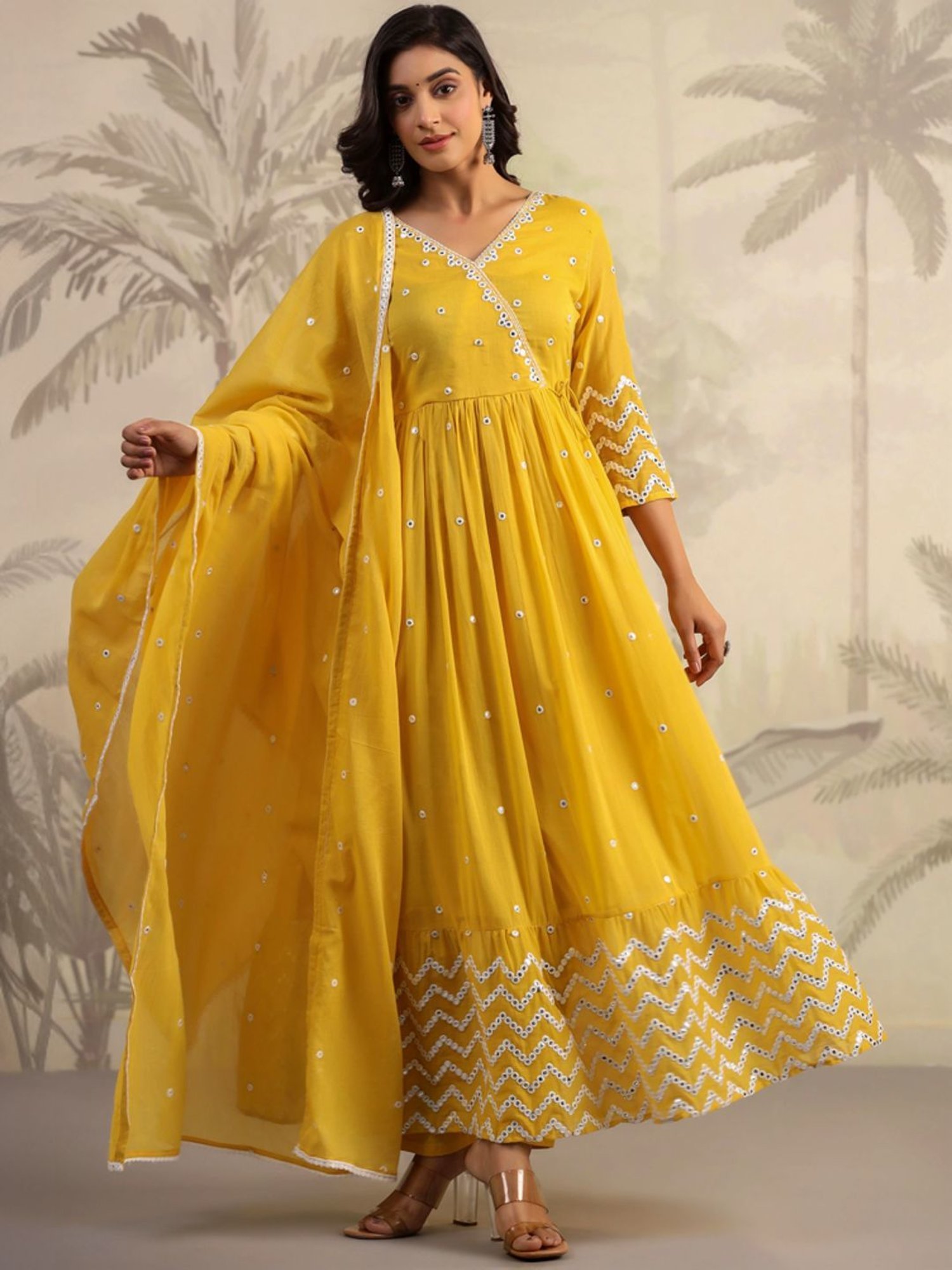 SCAKHI Yellow Cotton Embroidered Kurta Pant Set With Dupatta