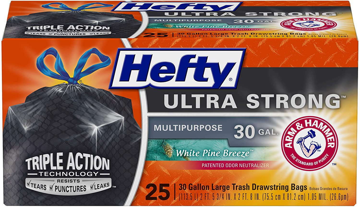 Hefty White Pine Breeze Ultra Strong Large Trash Bags (Multipurpose, Pine, Drawstring, 30 Gallon, 25 Count)(Black)