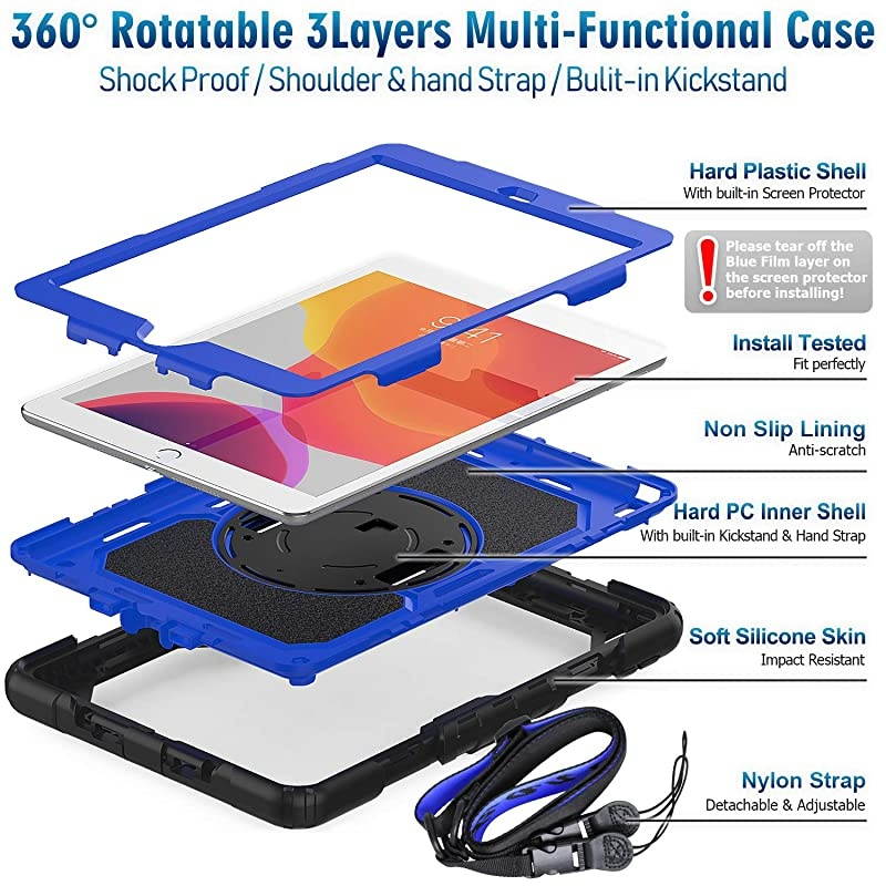 iPad 102 Case 2020 2019 iPad 8th 7th Generation Case with Pencil Holder 360&deg; Rotatable Stand with Hand Strap Shoulder Strap Builtin Screen Protector iPad 87 Generation CaseDark Blue