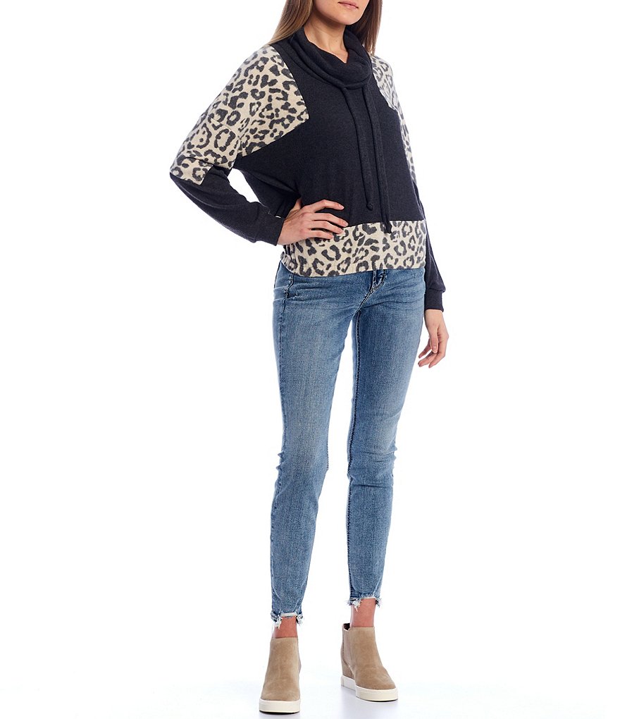 Moa Moa Cheetah Print Colorblock Sleeve Cowl Neck Pullover