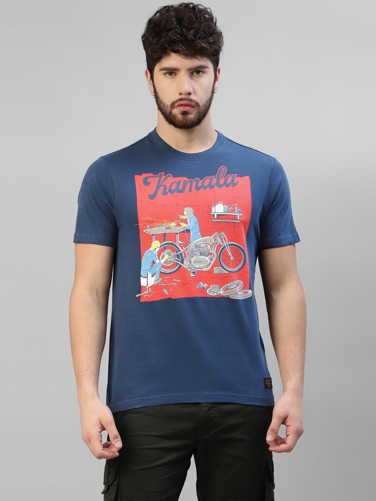 Royal Enfield Navy Regular Fit Kamala Print T-Shirt