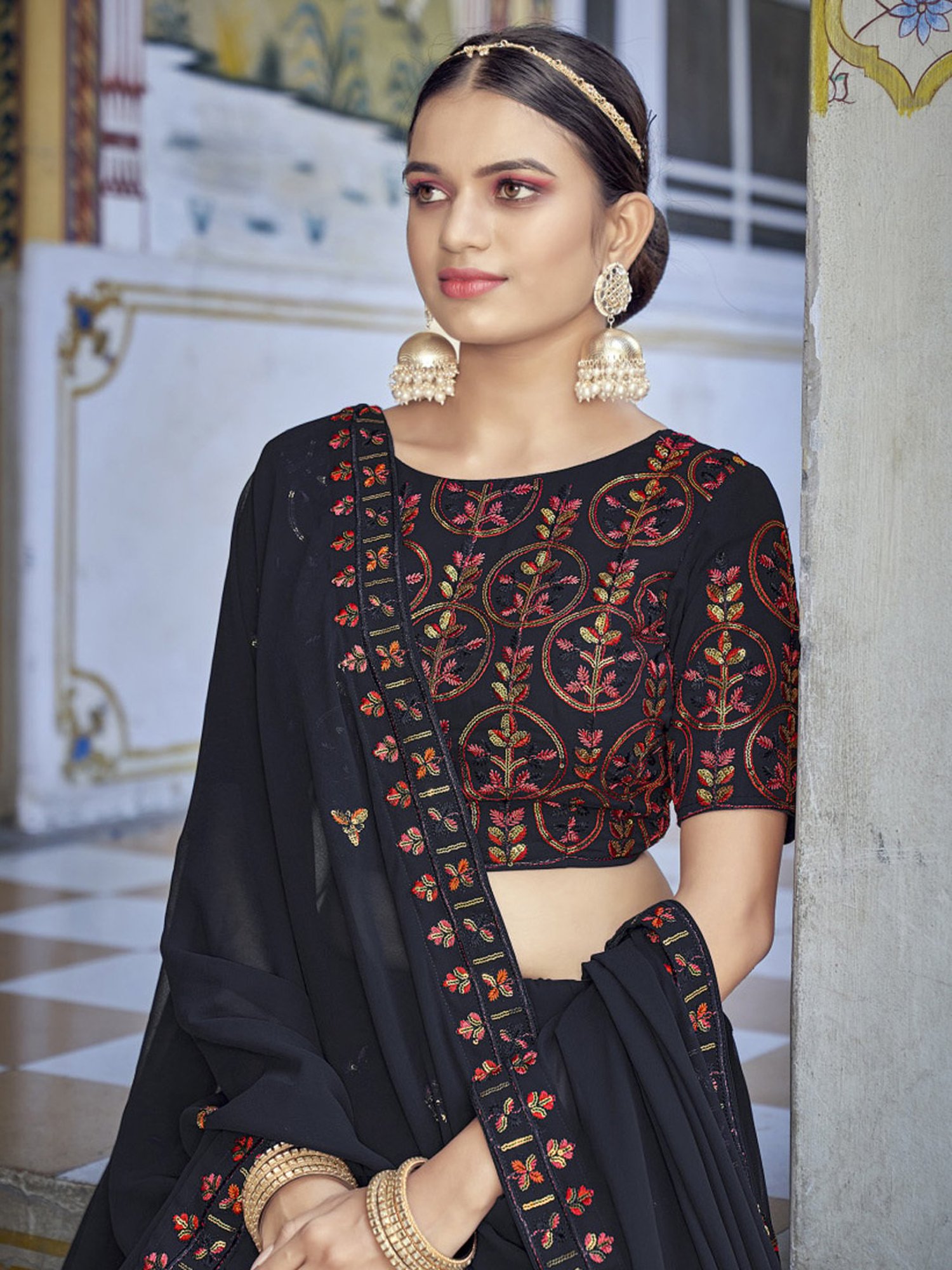 SHUBHKALA Black Embroidered Lehenga and Choli Set With Dupatta
