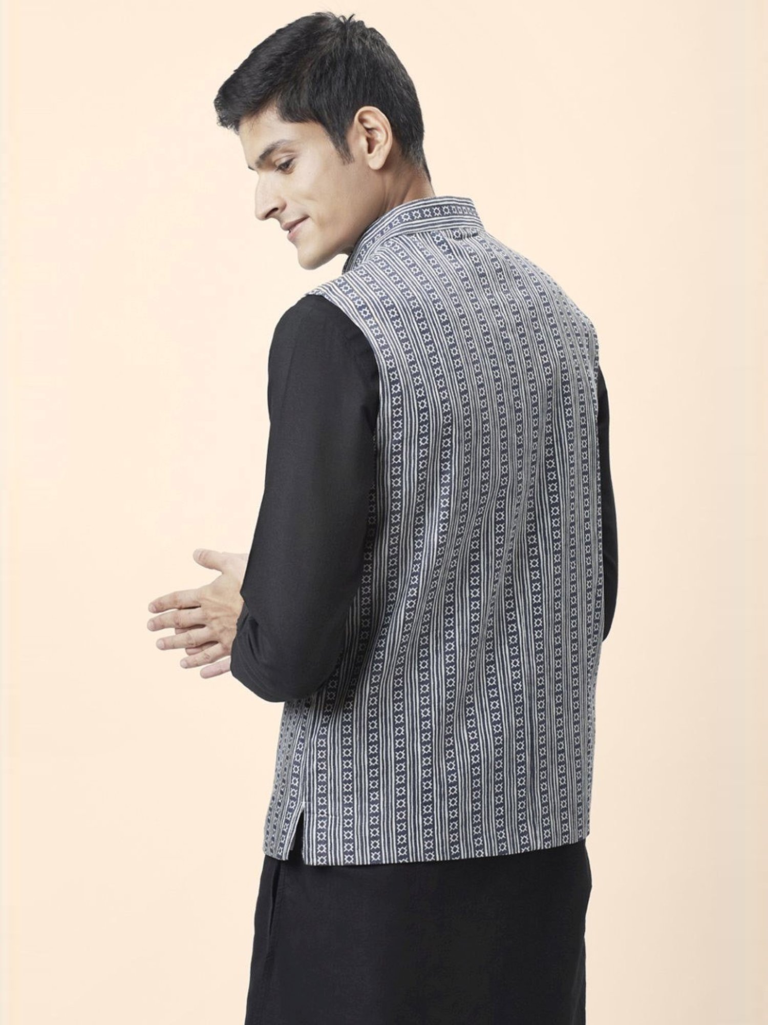 Indus Route By Pantaloons Blue Cotton Regular Fit Printed Nehru Jacket