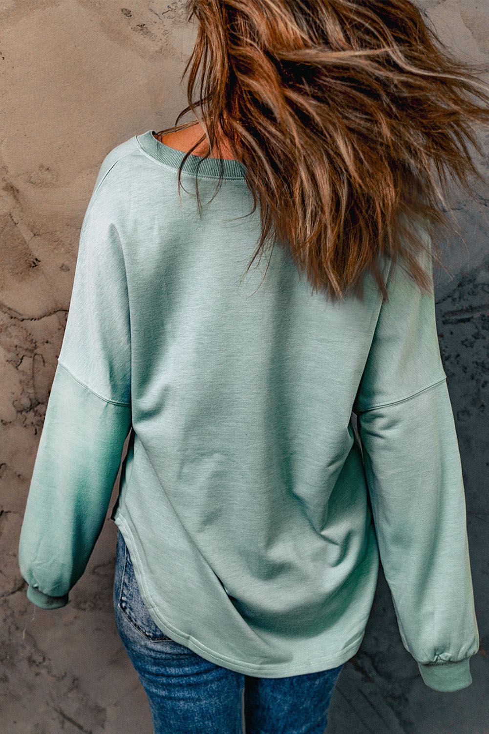 Pale Green Solid Color V Neck Drop Long Sleeve Top