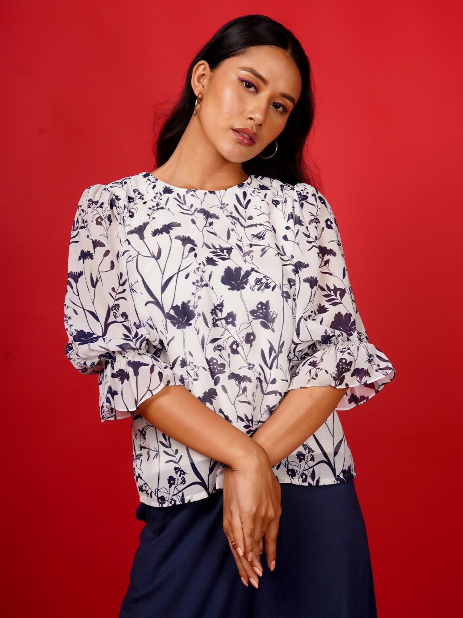 Zink London White & Black Floral Print Top