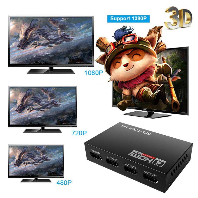 HDMI Splitter 1 in 4 Out V1.4 Powered 1x4 Ports Box Supports 4K@30Hz Full Ultra HD 1080P 3D Compatible with PC STB Xbox PS4 Fire Stick Roku Blu-Ray Player TV HDTV (1 Input to 4 Outputs)