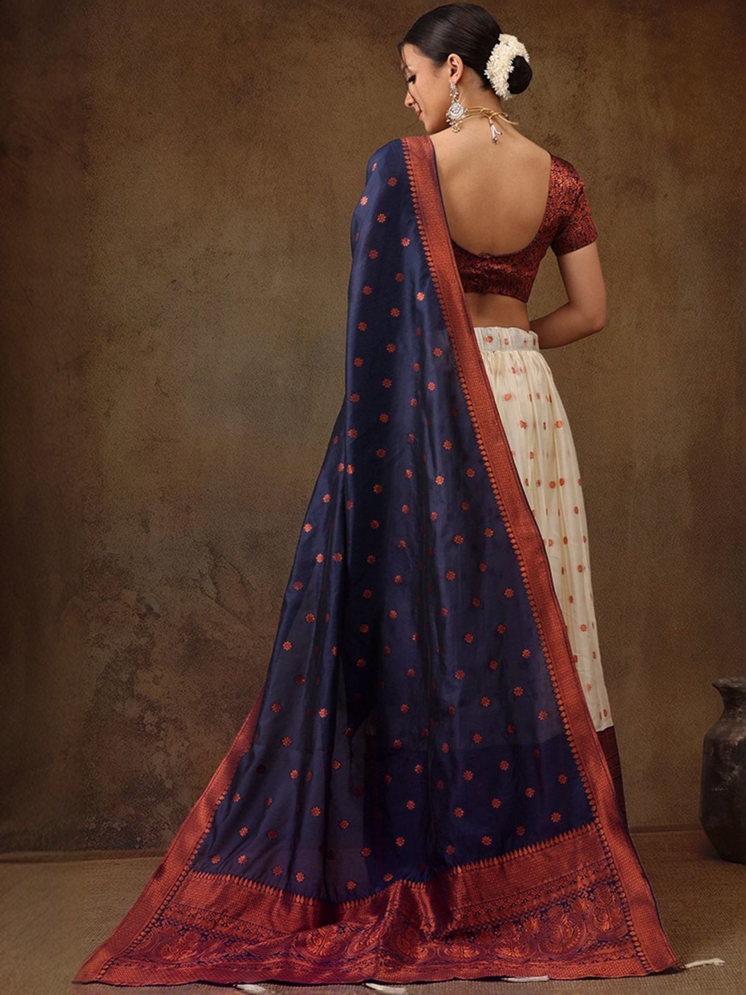 Silk Land Beige & Navy Woven Pattern Semi Stitched Lehenga Choli Set With Duppata