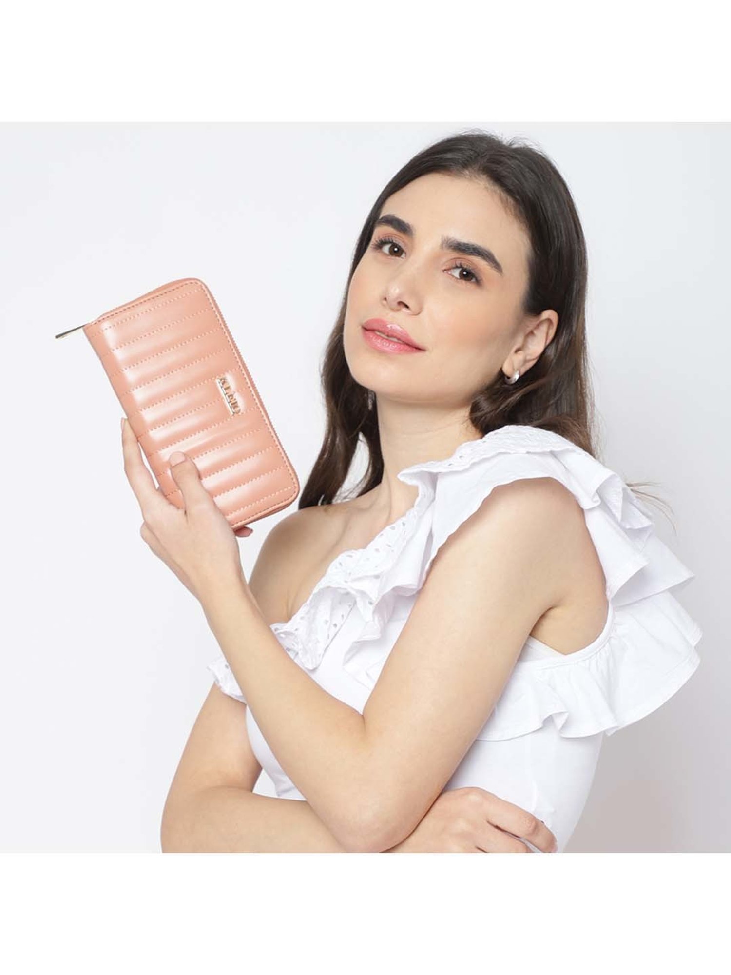 KLEIO Peach Quilted Zip Around Wallet for Women