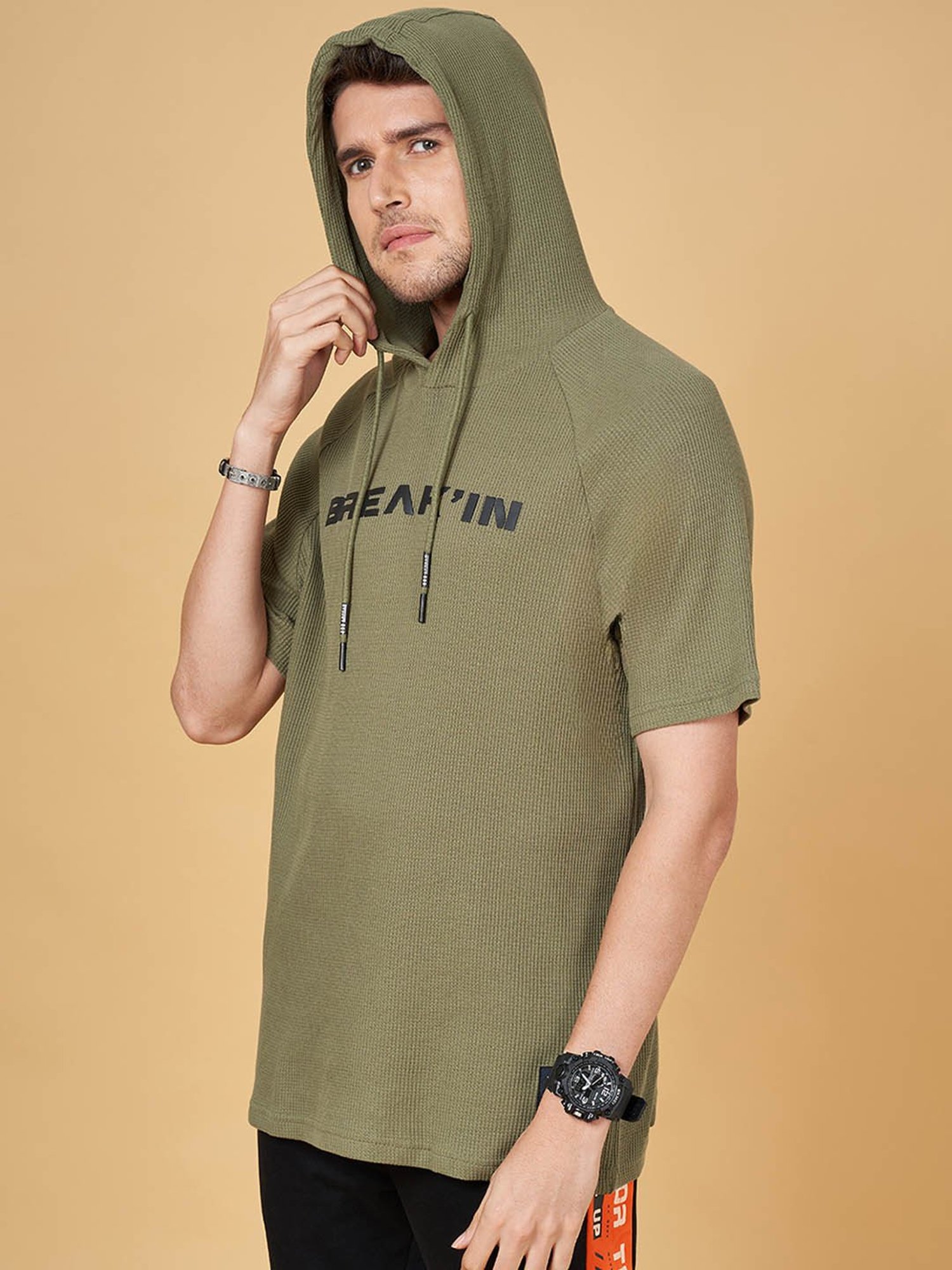 Street 808 by Pantaloons Green Cotton Regular Fit Printed Hooded T-Shirt