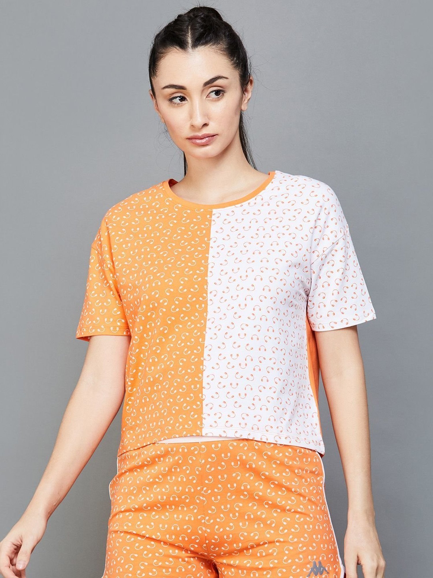 KAPPA Orange & White Cotton Printed Sports T-Shirt