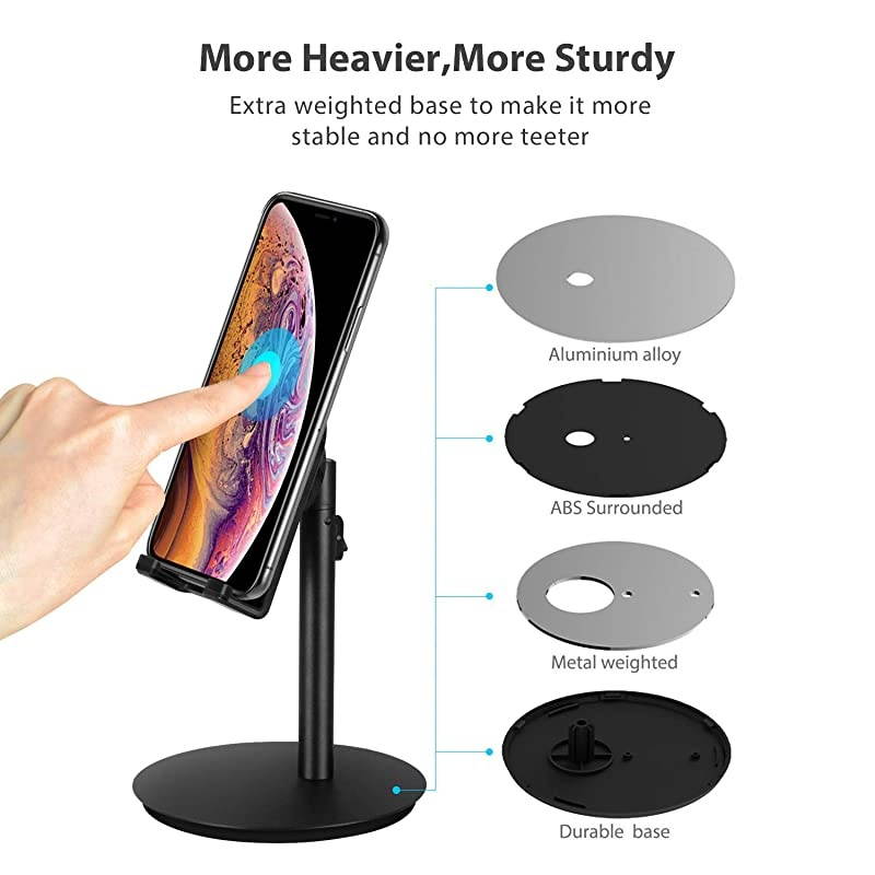 Cell Phone Stand Tablet Holder  Height Adjustable Aluminum Stand Mount Compatible with iPhone Samsung Cell Phone Tablet iPad Nintendo Switch Kindle Up to 10 Inch Screen Black2