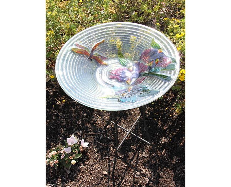 Northlight 21" Dragonfly and Flower Hand Painted Glass Outdoor Patio Garden Bird Bath - Clear/Pink