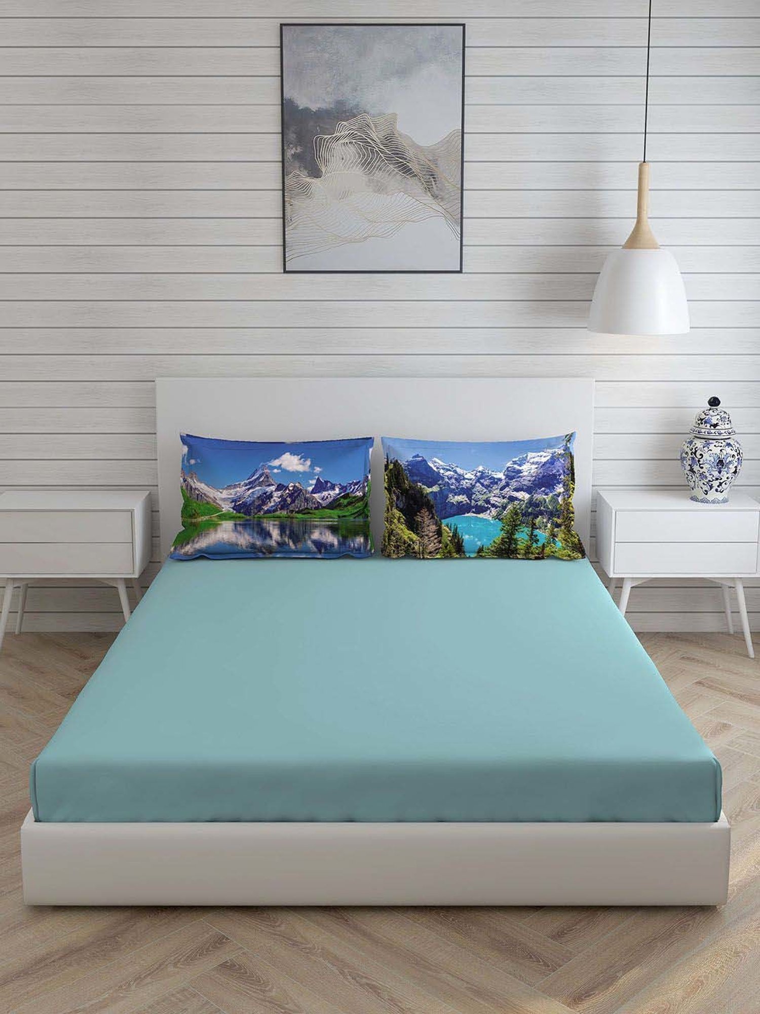 Boutique Living Globe Trotter Blue Cotton 200 TC King Size Bed Sheet with Pillow Cover