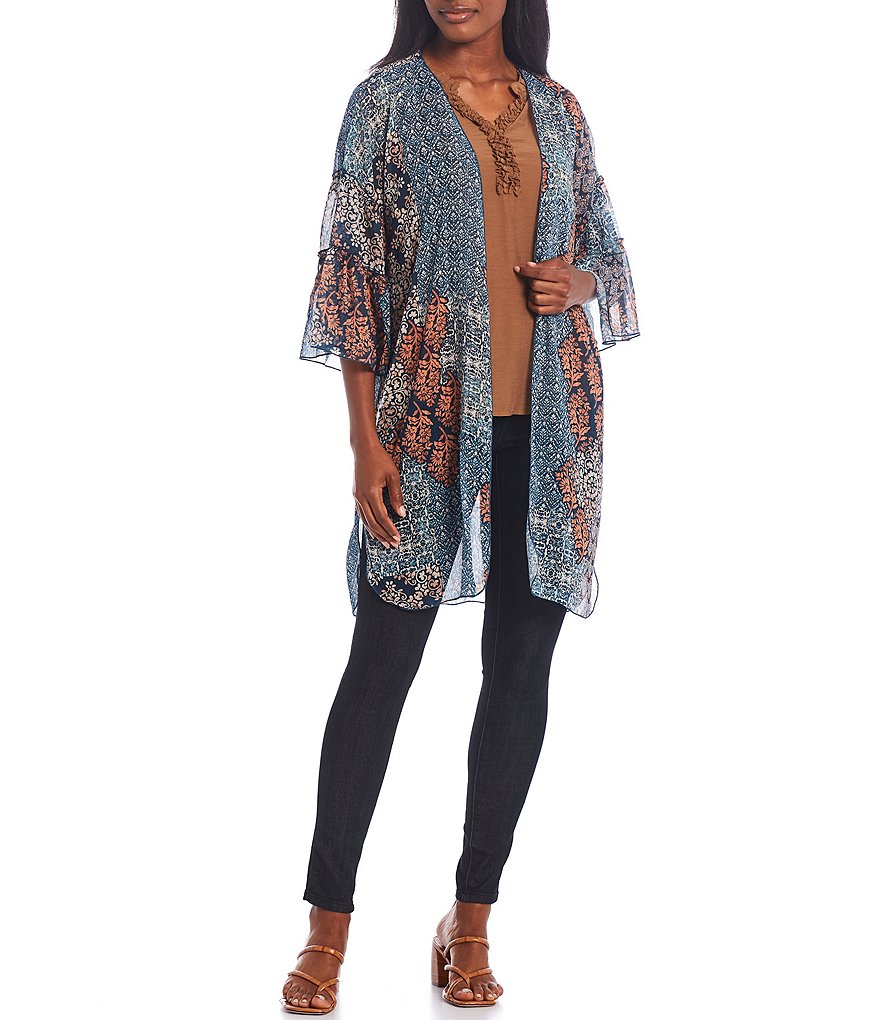 Democracy Geometric Patchwork Print 3/4 Ruffle Sleeve Open-Front Kimono Jacket