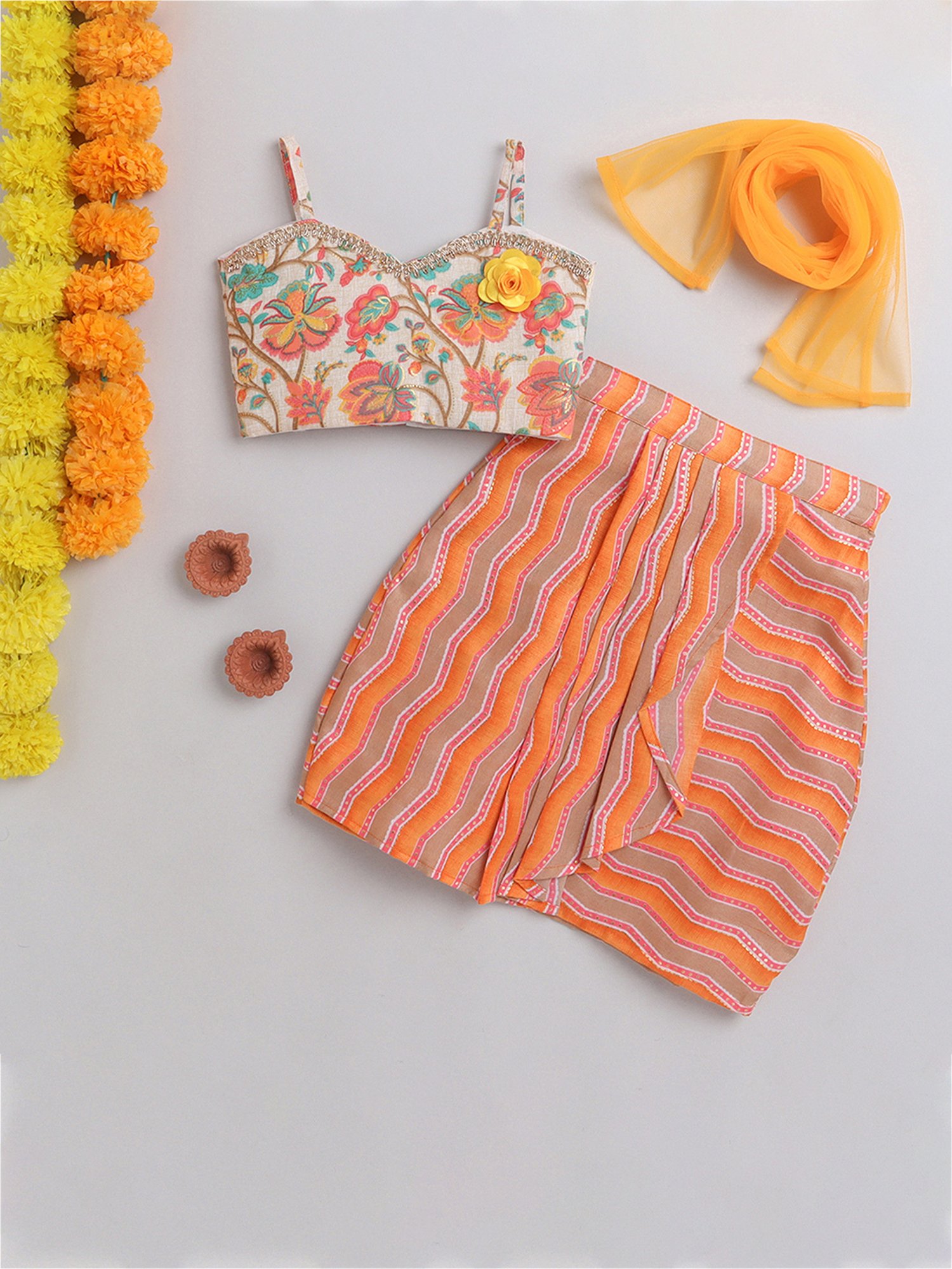 Many Frocks Kids White & Orange Shimmer Lehenga, Choli with Dupatta