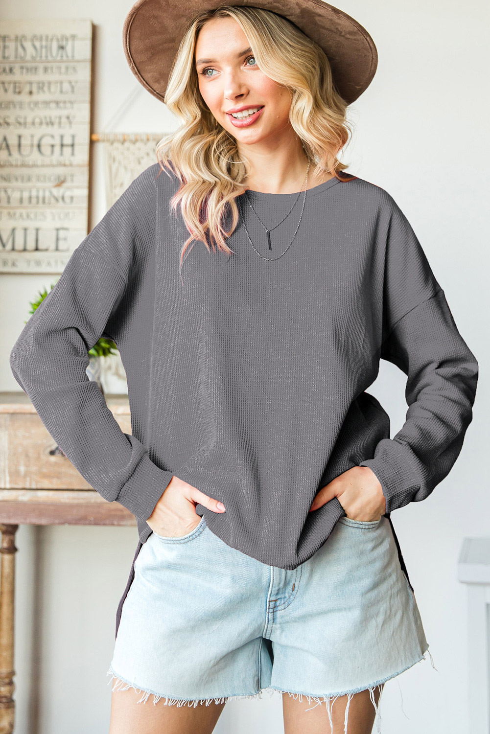 Grey Drop Shoulder Side Slit Pullover Long Sleeve Top