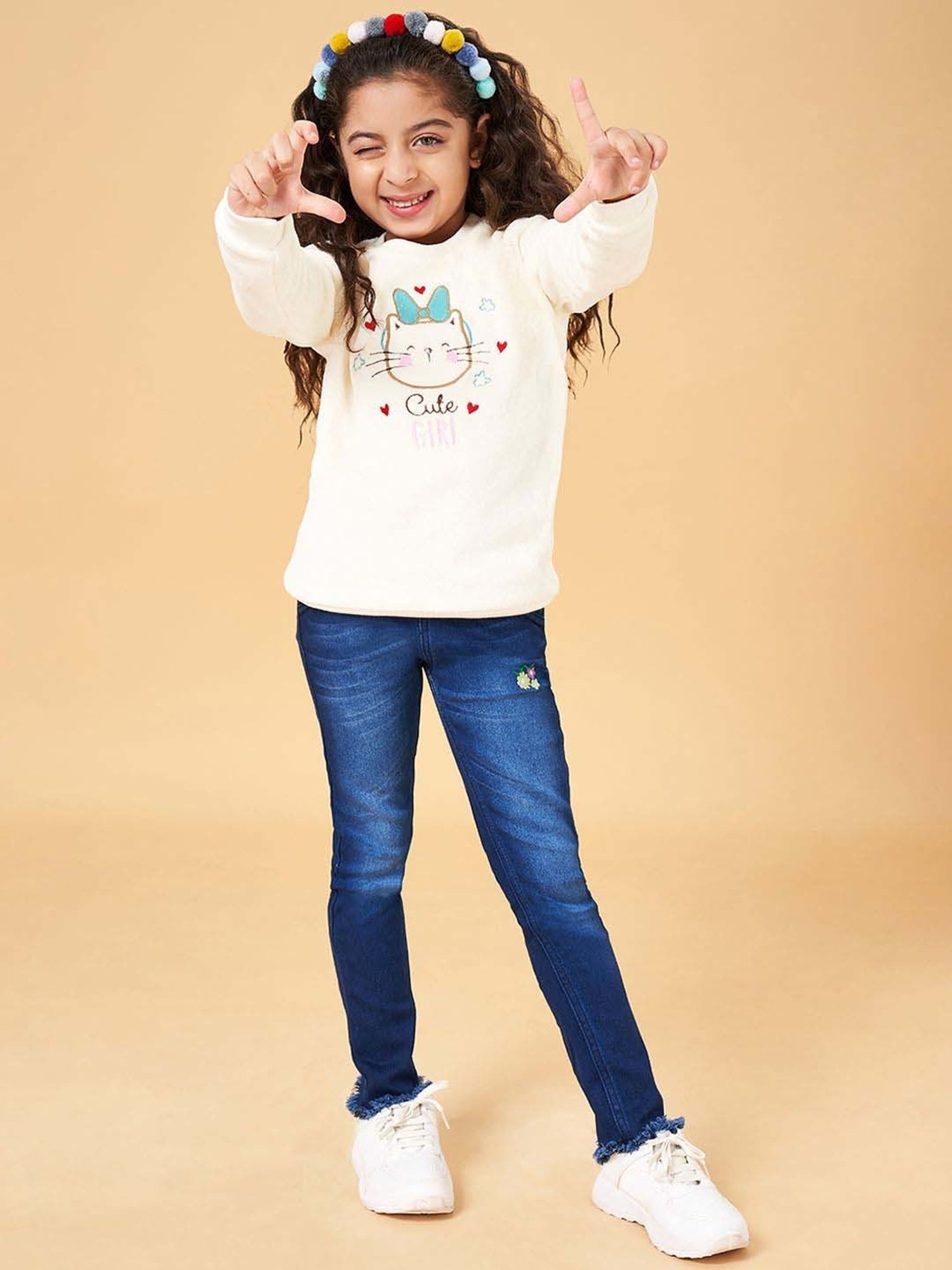 YU by Pantaloons Kids Cream Embroidered Full Sleeves Sweater