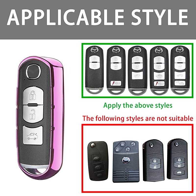 Chrome Pink TPU Car Key Fob Cover Case for Mazda 2 3 5 6 8 CX3 CX5 CX7 CX9 MX5 Smart Remote Key Protective Shell with Key Chain Pink