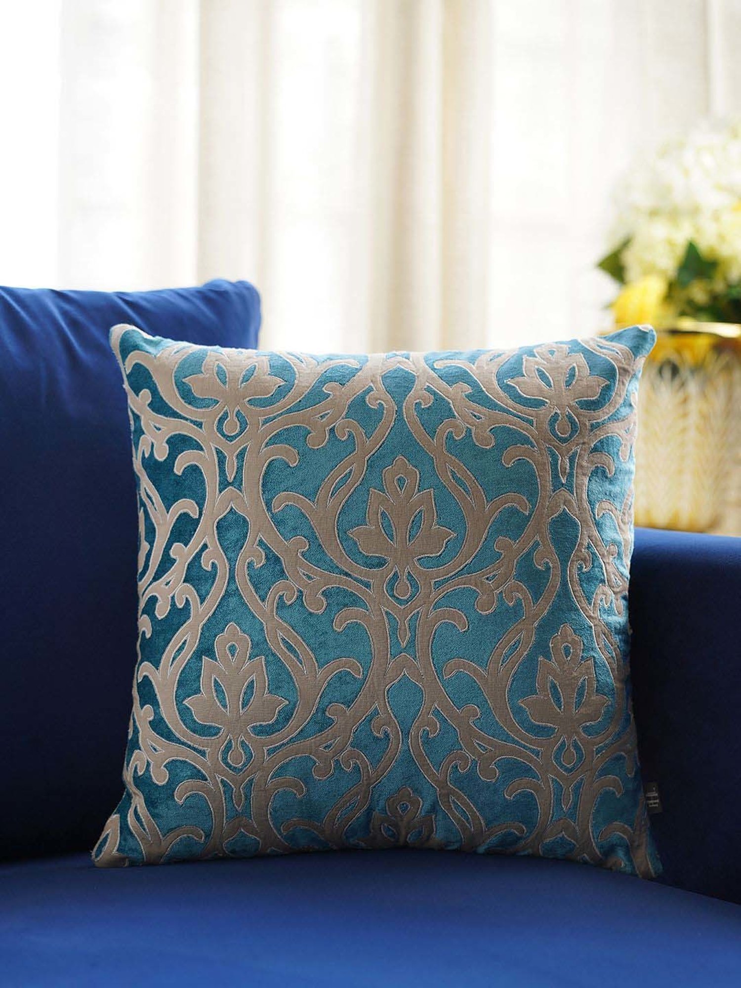 Pure Home and Living Blue Cotton Patch Work Square Cushion Cover