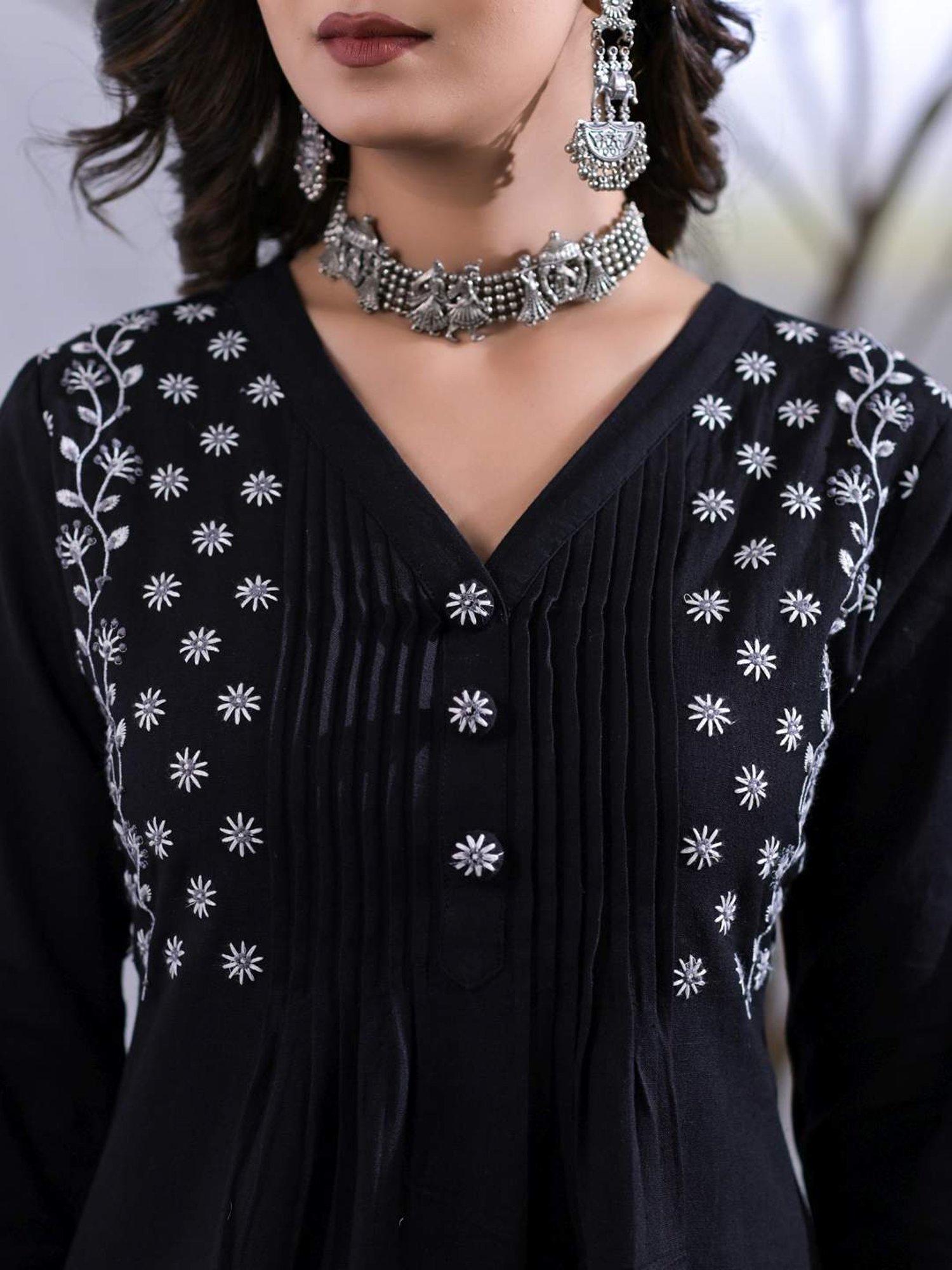 READIPRINT FASHIONS Black Embroidered Tunic Palazzo Set