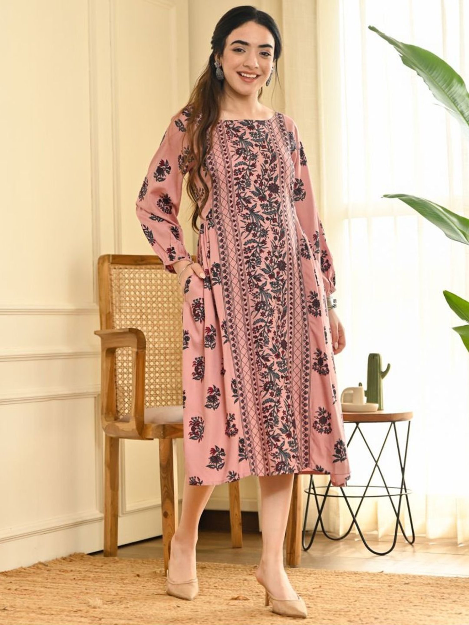 Rustorange Pink Printed A-Line Dress