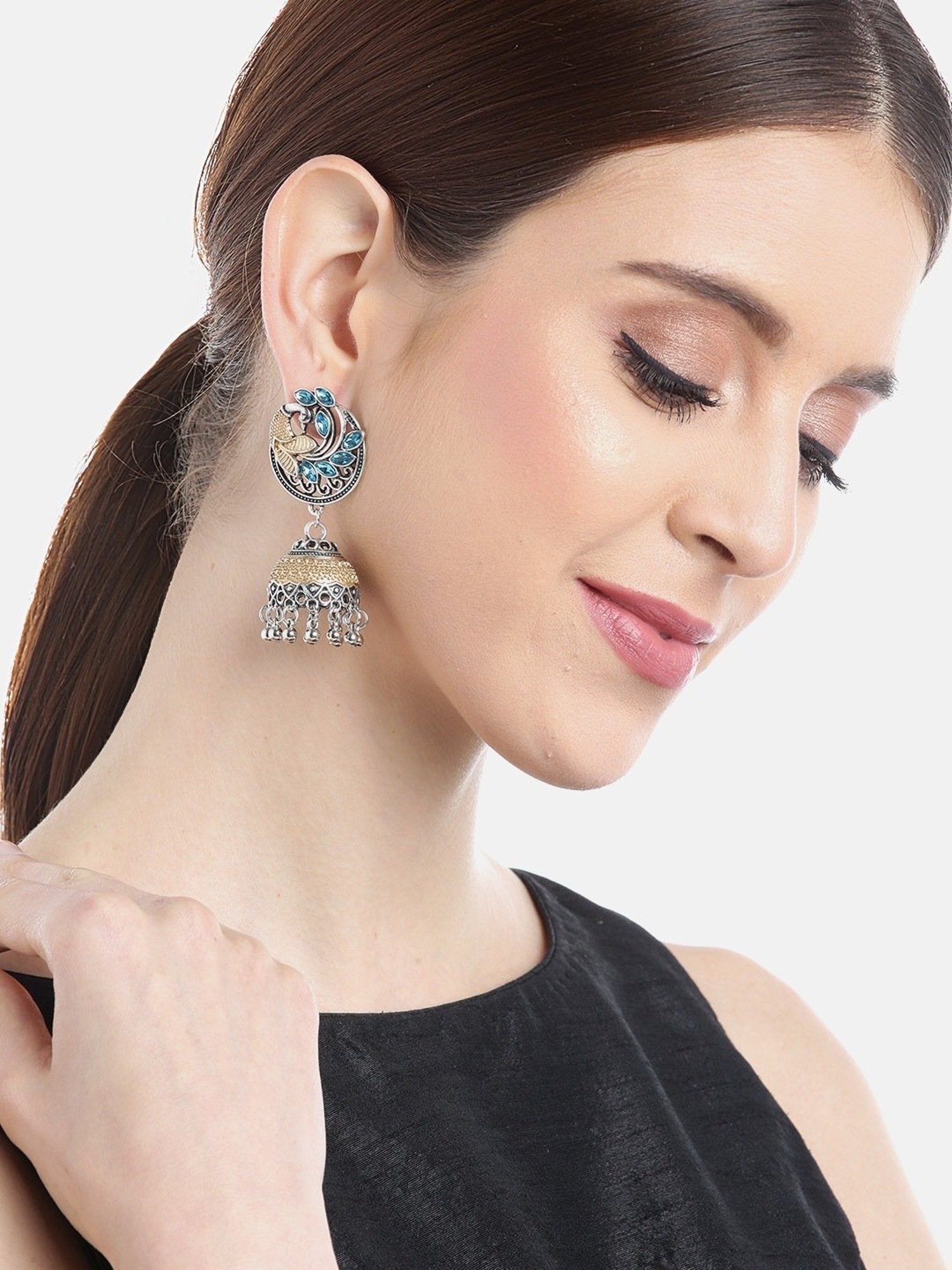 YouBella Silver Blue & Yellow Jhumki Earrings for Women