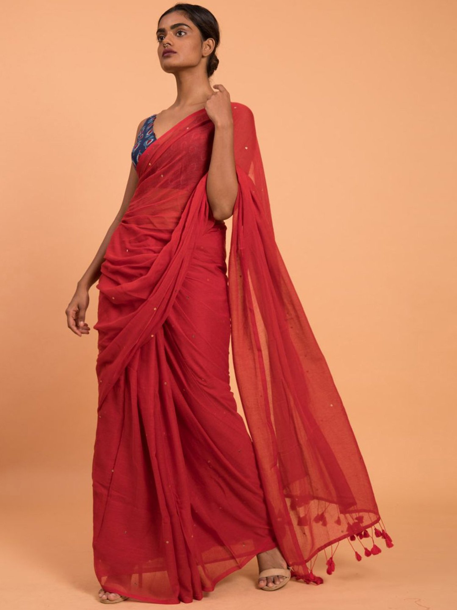 Suta Red Cotton Embellished Saree Without Blouse