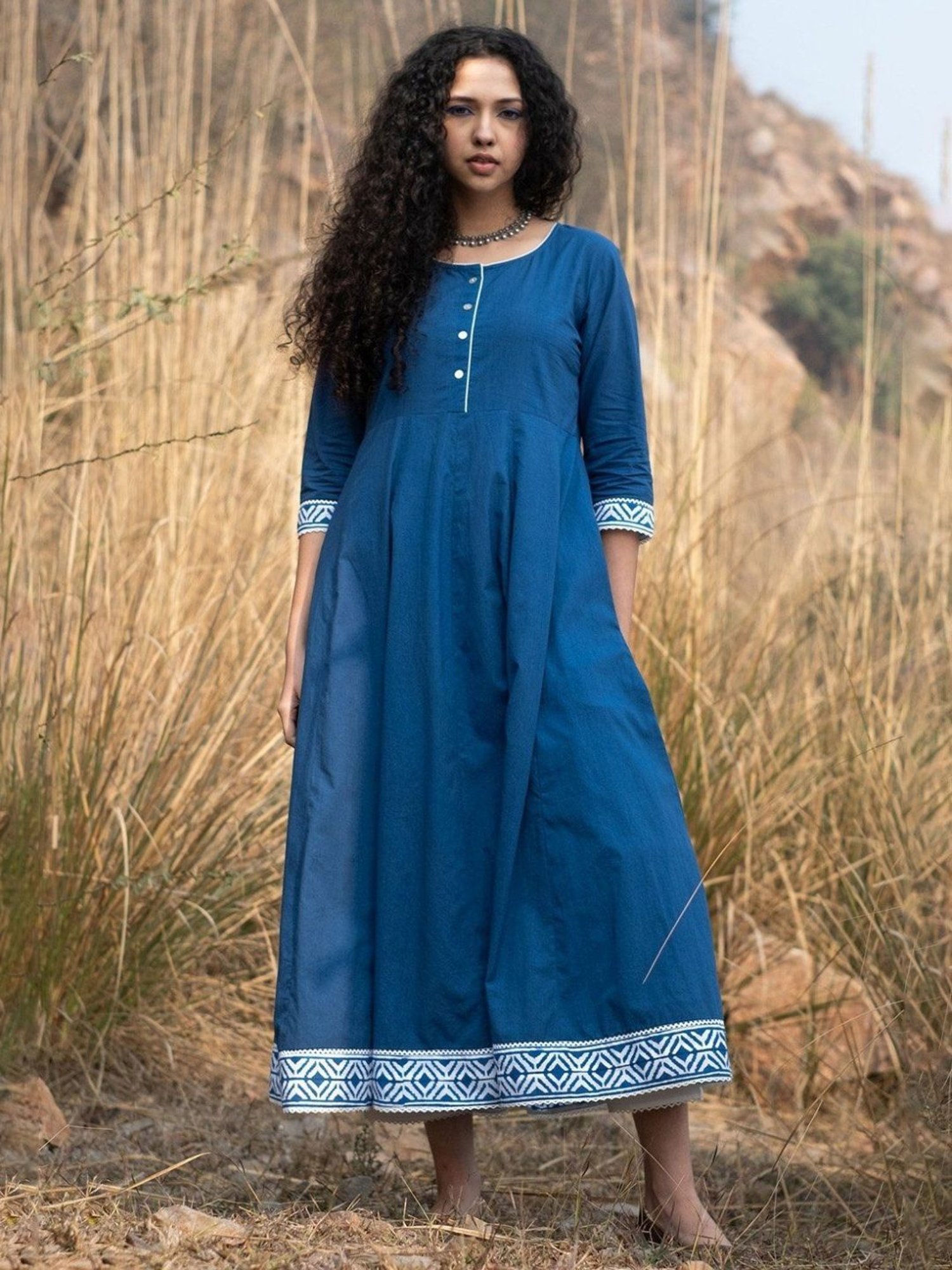 Akiso Neela Solid Indigo Anarkali Kurta With Block Print Border And Lace Details