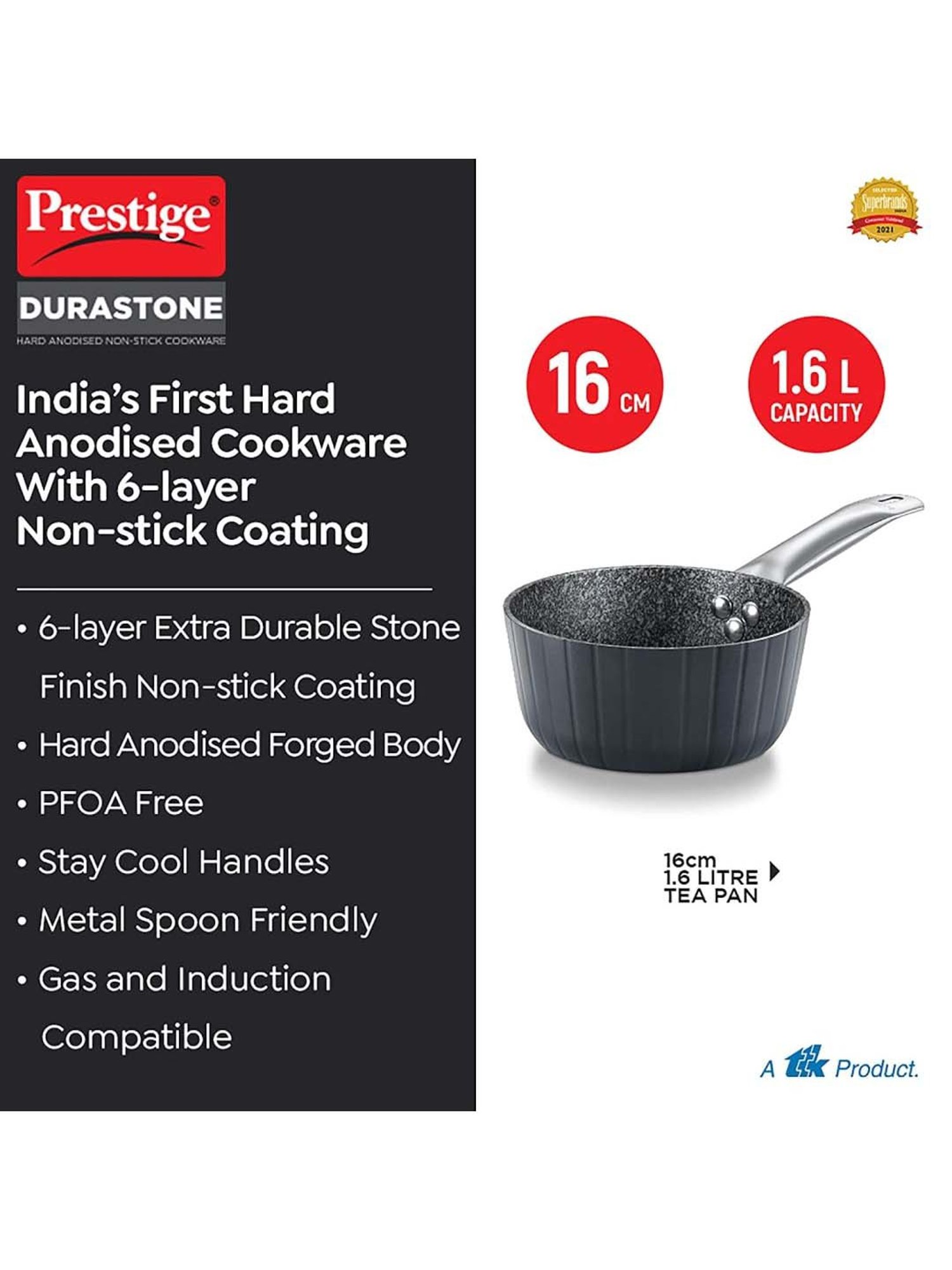 Prestige Black Hard Anodised 16 cm Non-Stick 6-Layer Sauce Pan With Lid (1.6 L)