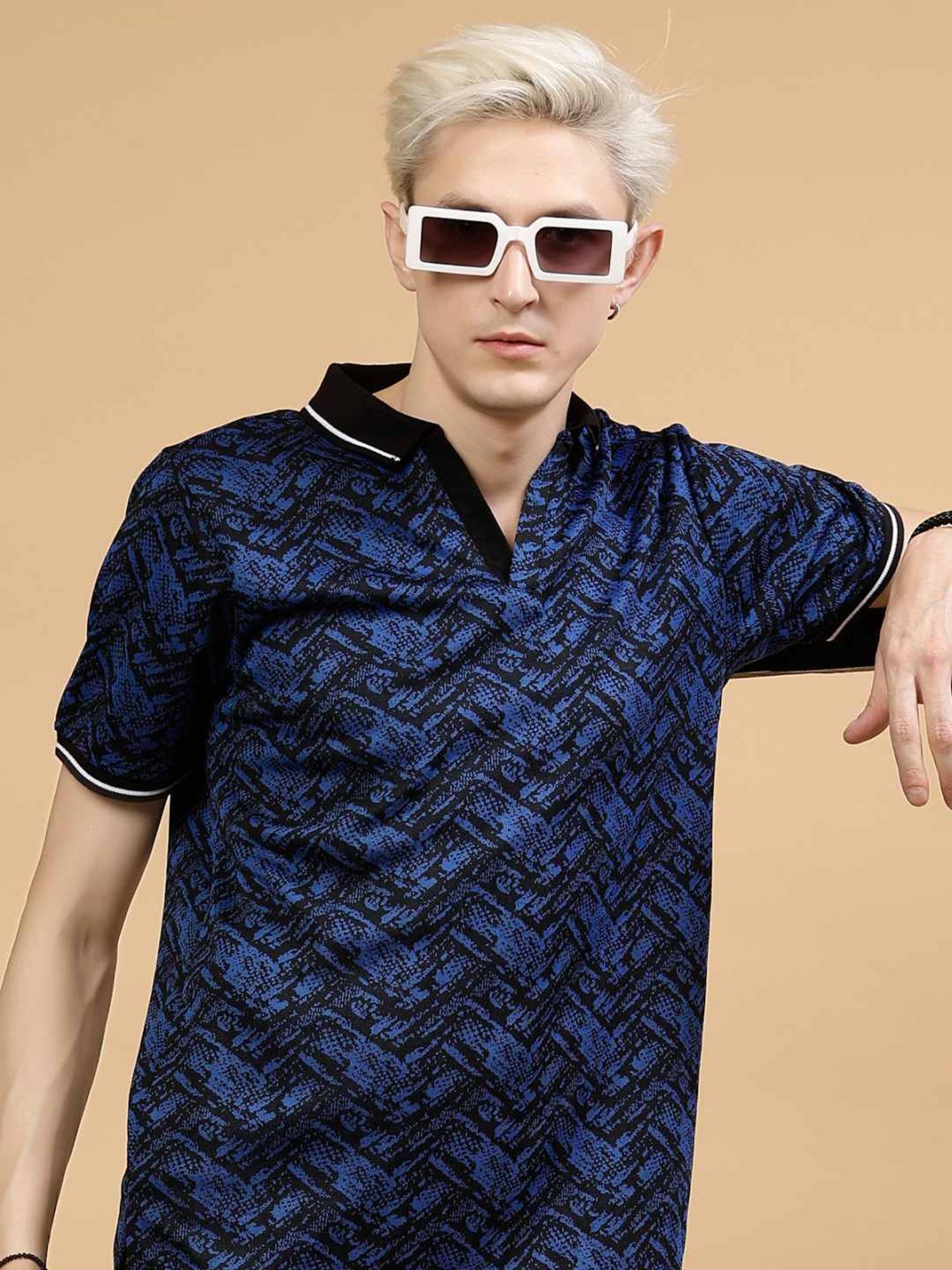 Rigo Blue Slim Fit Printed Polo T-Shirt