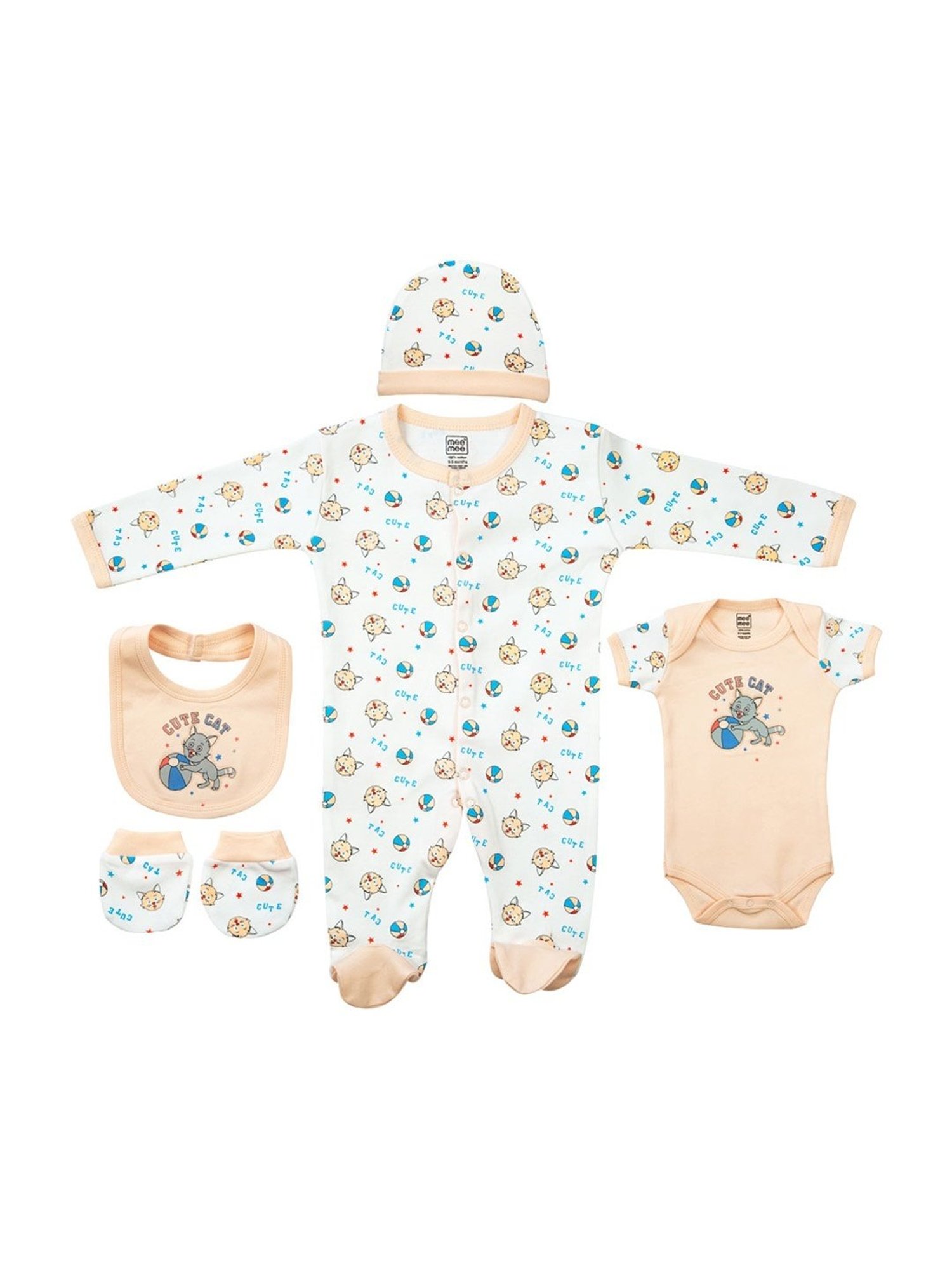 Mee Mee Kids Peach & White Cotton Printed Full Sleeves Bodysuit Set