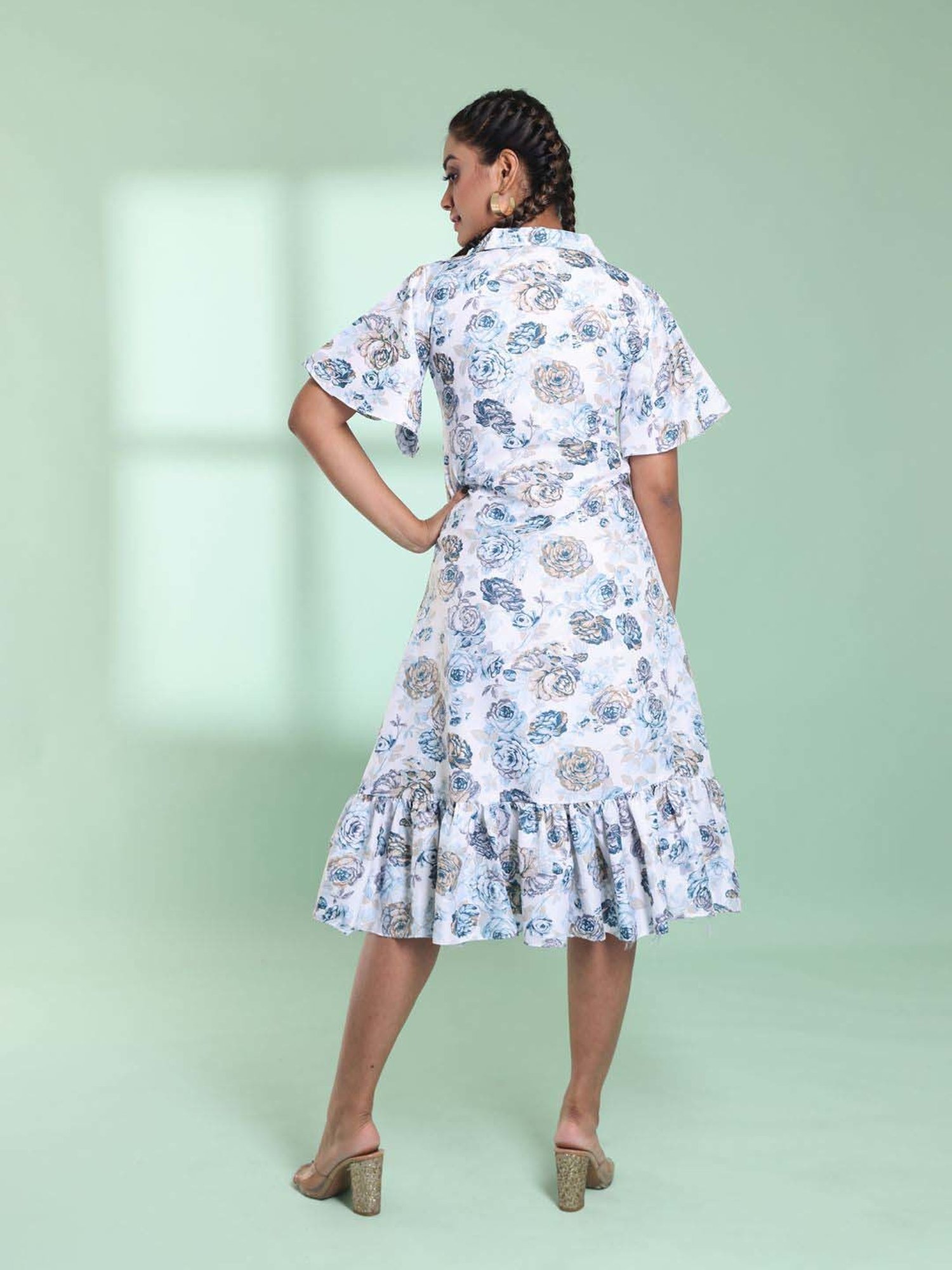 CHARUKRITI White & Blue Printed A-Line Dress